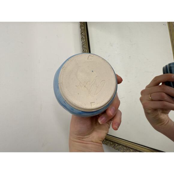 Signed Blue Miniture Pottery Trinket Bowl, Small Blue Pottery Vase - Picture 5 of 8